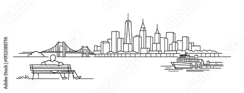 Person sitting on bench by waterfront with boat nearby