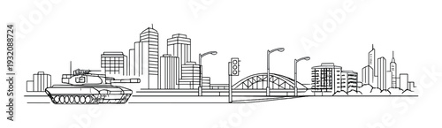 Military tank parked on city street with skyline and bridge