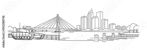 Tank near cable bridge with skyline across waterfront river