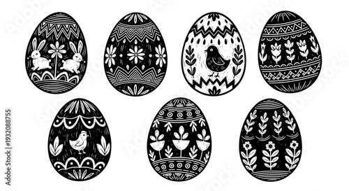 Set of eight decorative easter eggs with floral and bird patterns