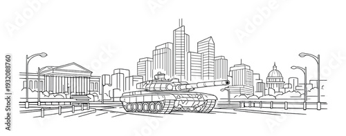 Armored tank positioned on road in front of city skyline