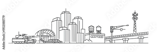 Tank in front of city buildings with overpass and water towers