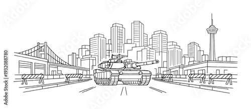 Tank positioned on city street with skyscrapers and bridge
