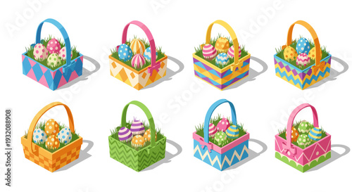 Set of colorful easter baskets filled with eggs flowers and grass