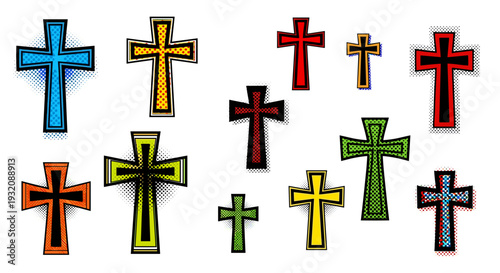 Collection of colorful decorative crosses in various styles and colors