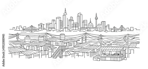 Shantytown rooftops under tarps and power lines with city skyline