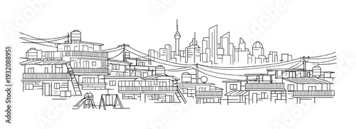 Multi level shanty buildings with tarps and power lines skyline