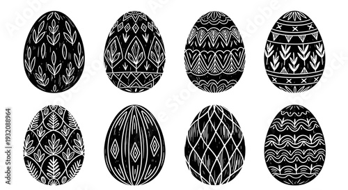 Set of eight intricately decorated easter eggs with traditional patterns