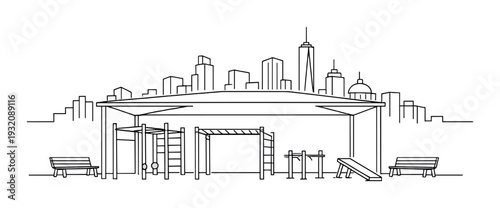 Outdoor exercise shelter with fitness equipment and urban skyline