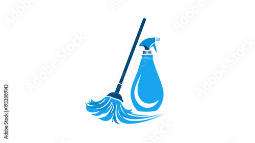 A blue and white logo showing cleaning equipment, including a mop and spray bottle, on a white background