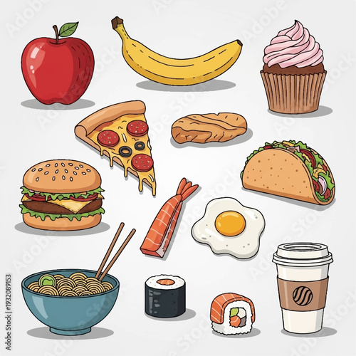 Assorted Fast Food and Snacks Illustration.