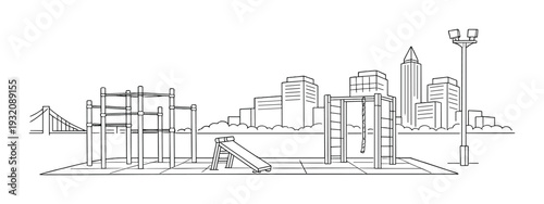 Outdoor fitness area with bars, rope and city skyline