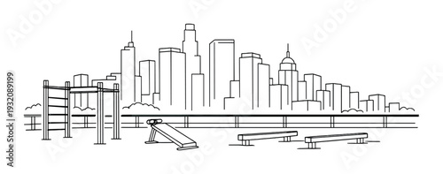 Outdoor workout area with benches and city skyline behind