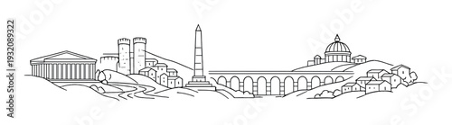 Hilly riverside city with obelisk aqueduct and domed temple
