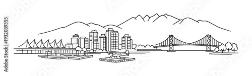 Waterfront city skyline with seaplane and mountain backdrop