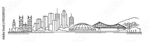 City skyline with cathedral and domed arena near river