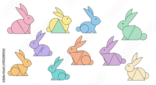 Collection of colorful cartoon rabbits in various poses and colors