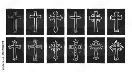 Collection of various ornate crosses with intricate designs and patterns