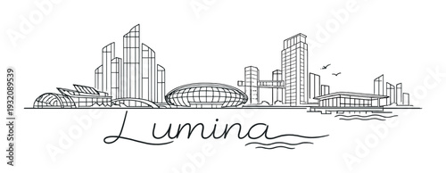 Lumina skyline drawing with dome and tall towers on waterfront