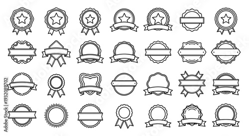 Collection of various award medals and ribbons in line art style
