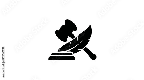 Silhouette featuring a gavel and feather pen on white background, suggesting law and legal concepts