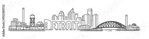Detroit lettering integrated into city skyline and riverfront