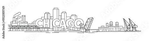 Chicago lettering set against skyline and riverside piers