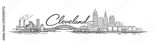 Cleveland skyline with bridge and waterfront industrial area