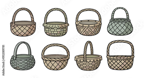 Collection of woven wicker baskets with handles