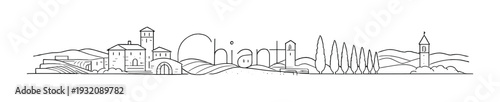 Chianti lettering across rural village landscape with hills