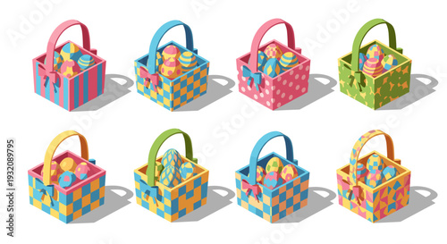 Set of colorful easter baskets filled with eggs and candies