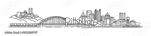 Pittsburgh skyline sketch with bridge and riverfront industrial