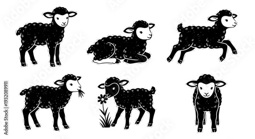Set of six cartoon goats with different poses and accessories