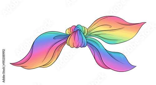 Colorful rainbow silk scarf tied in a bow with flowing ends
