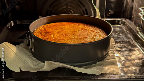 Foto Golden cake rising jubilantly in the oven, echoing Thanksgiving gatherings, cozy