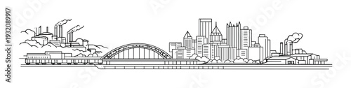 City skyline with arch bridge and industrial waterfront