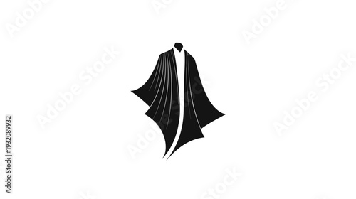 A stark, minimalist illustration presents a black silhouette of a cloak or robe on a white background