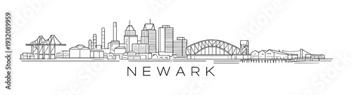 Newark skyline with port cranes and arched bridge waterfront