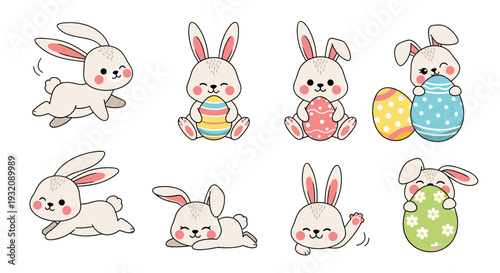 Cute cartoon bunnies with colorful eggs for easter celebration