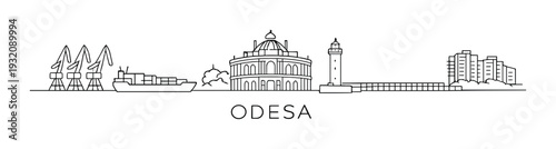 Odesa port skyline with opera house and lighthouse