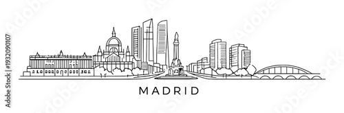Line drawing of madrid skyline with fountain and towers
