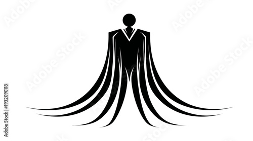 Silhouette of a figure in a black cloak with flowing tendrils. Minimalist design on white