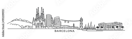 Line drawing of barcelona skyline with cathedral and port