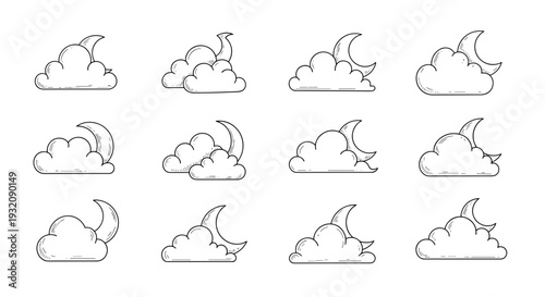 Set of various cloud sketches in different shapes and sizes