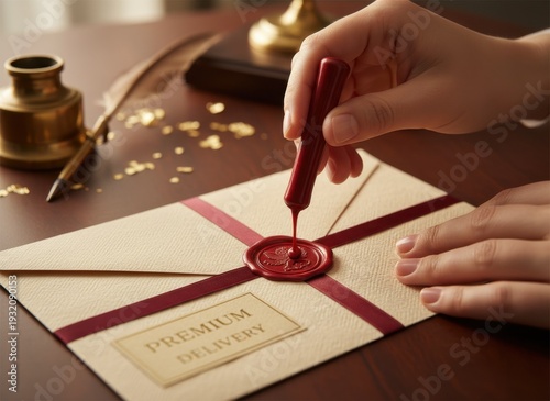 Close-Up Of Hands Applying Red Wax Seal To A Premium Delivery Envelope With Burgundy Ribbon And Quill Pen On Wooden Desk