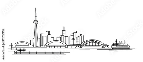 Toronto skyline illustrated along waterfront with ferry and bridge