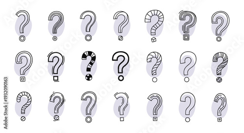 Collection of question mark symbols in various styles and designs