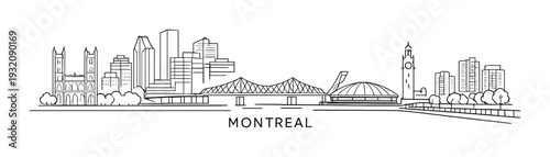 Montreal skyline drawn along riverfront with bridge and dome