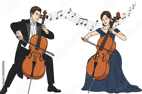 Elegant cello duet performance, man in black suit, woman in blue dress, classical music concert, harmony, artistic collaboration, stage performance
