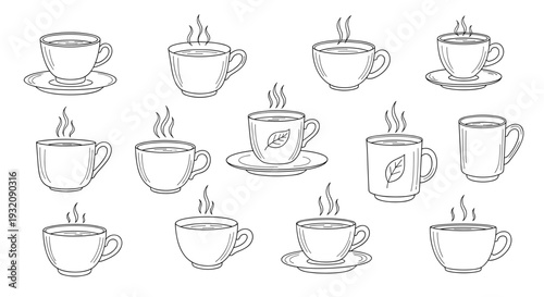 Collection of handdrawn steaming coffee cups and mugs illustrations